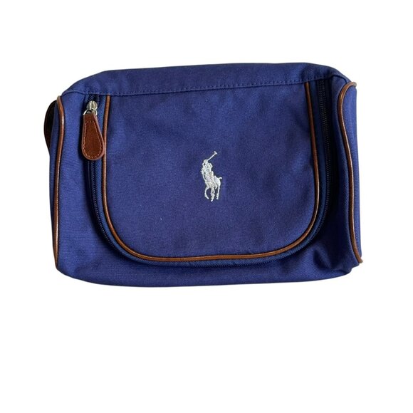 Ralph Lauren Polo Toiletry Bag Navy Blue Canvas with brown trim travel Mens - Picture 1 of 7